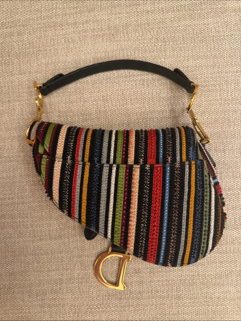 Dior Multicolor Striped Saddle Bag with Gold D Charm - Picture 2 of 4
